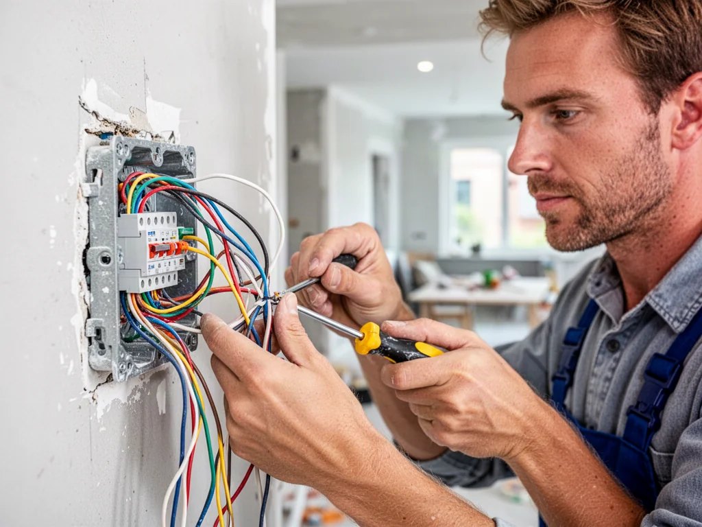 Elektryk podłącza przewody w puszce instalacyjnej, przygotowując montaż włącznika schodowego.