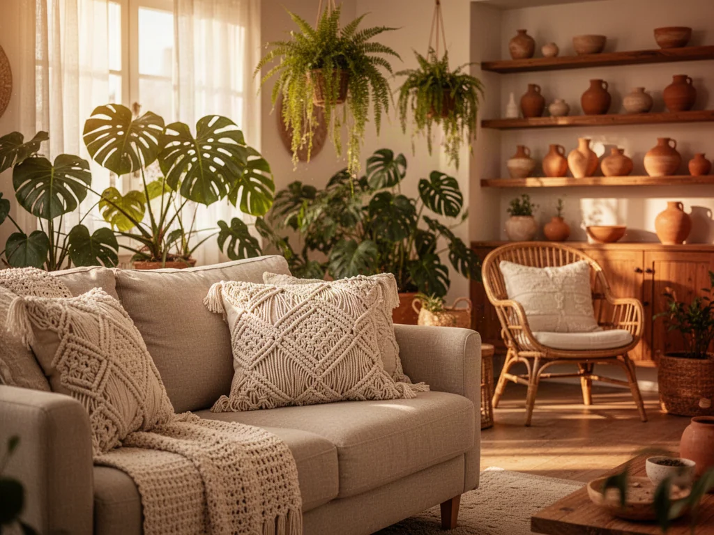 Przytulny salon w stylu boho z beżową sofą, roślinami doniczkowymi, rattanowym fotelem i ciepłym, naturalnym oświetleniem.