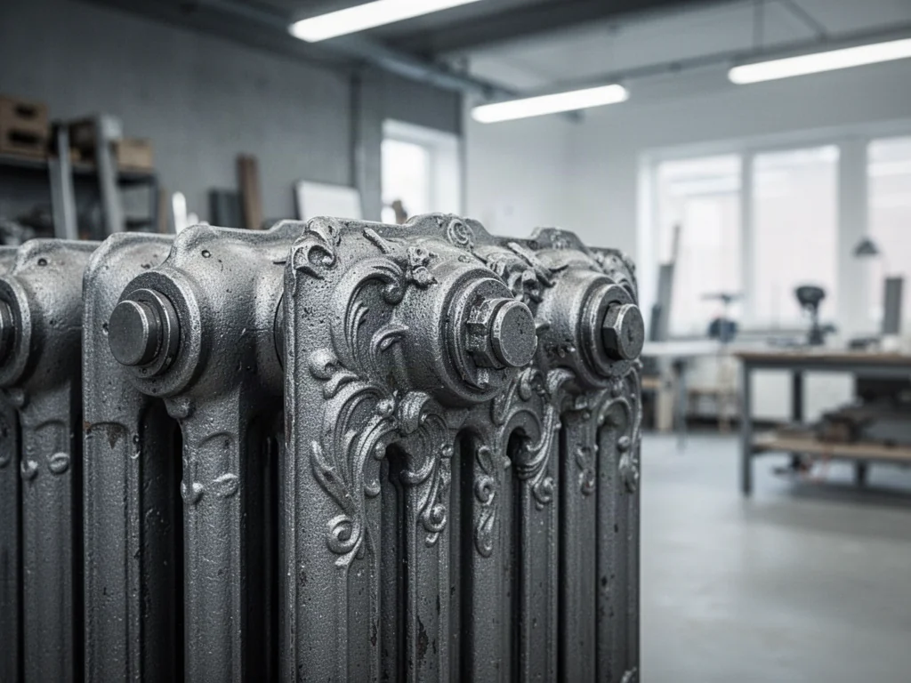 Zbliżenie na ozdobny, żeliwny człon grzejnika o industrialnym designie, ukazujące detale jego metalowej faktury.